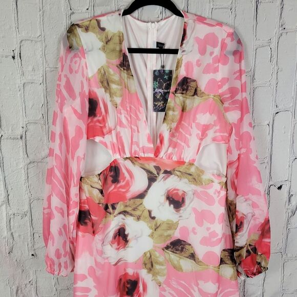 Giffniseti pink leopard print long sleeve cut out side ruffle hem maxi dress - Picture 5 of 12